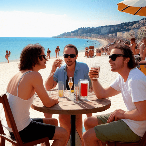 AI generated: friend, band on beach, french riviera, drinking, beer around