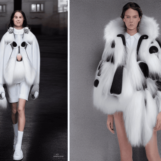 AI generated: Fashion shoot, Jacquemus and moncler collaboration: light white translucent fur sneakers, hyper-real...