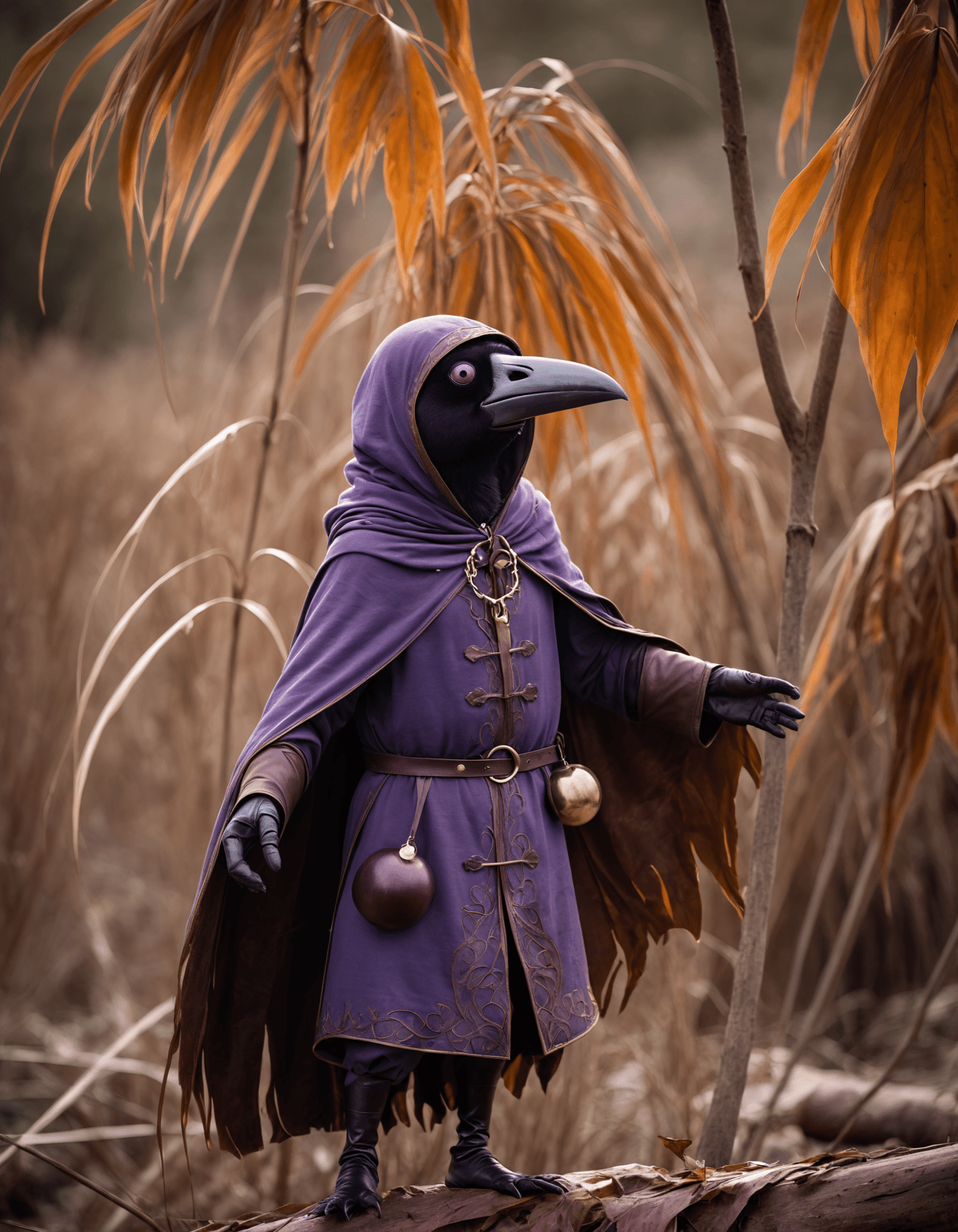AI generated: cinematic film still awardwinning photo cute purple crow, rust, epic, wearing medivel thief cloak, f...