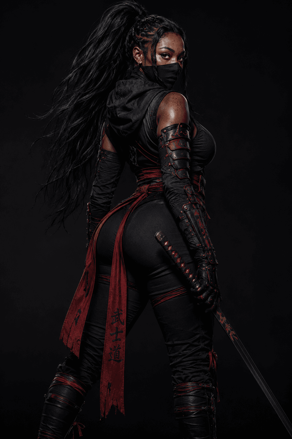 AI generated: Female shinobi looking back, shot from behind, masked, visible long black hair, with katana, dark pa...