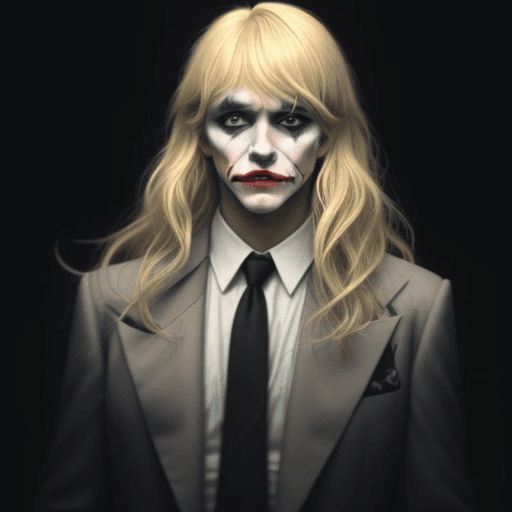 AI generated: a man with long blonde bangs and medium length blonde hair stands in the foreground of the image. he...