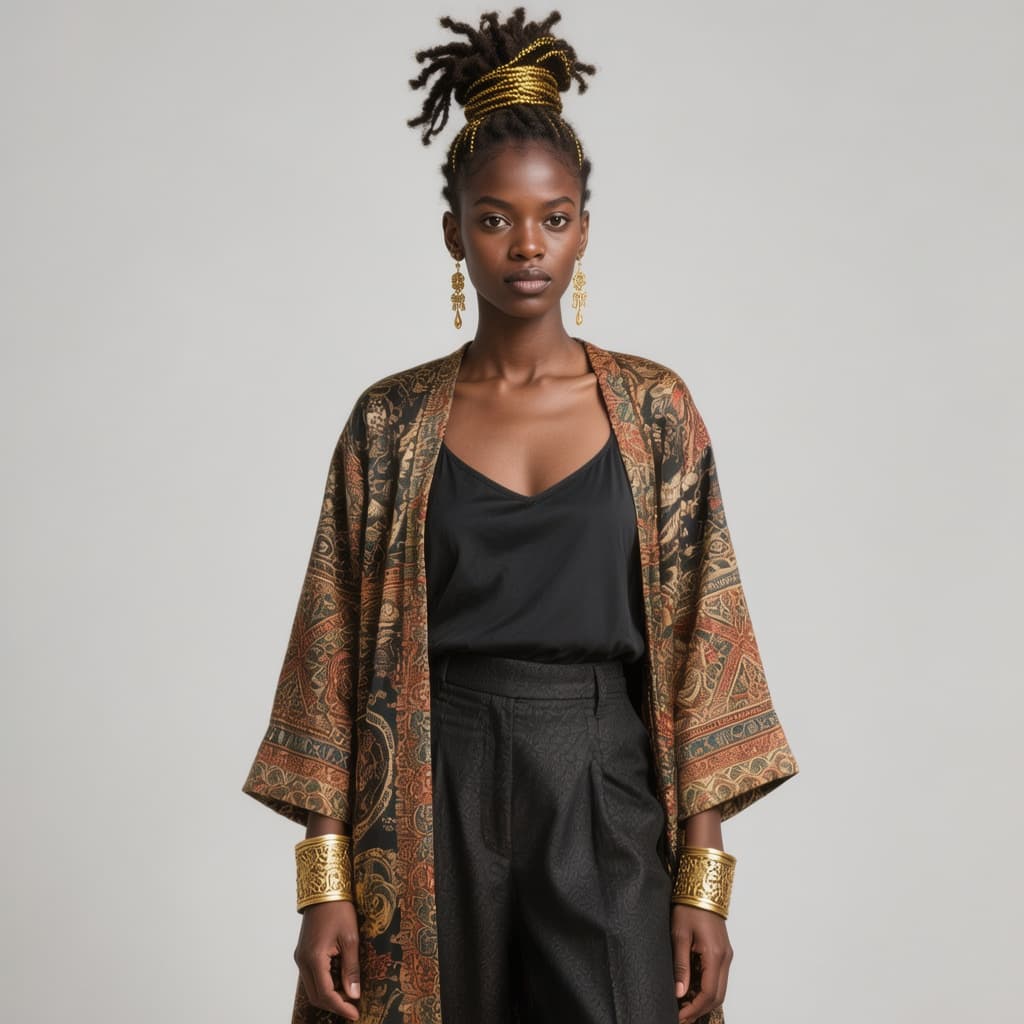 AI generated: DARK SKINNED SOUTH AFRICAN FEMALE WITH A LOC UPDO SECURED WITH GOLD THREAD, WEARING A BLACK CAMISOLE...