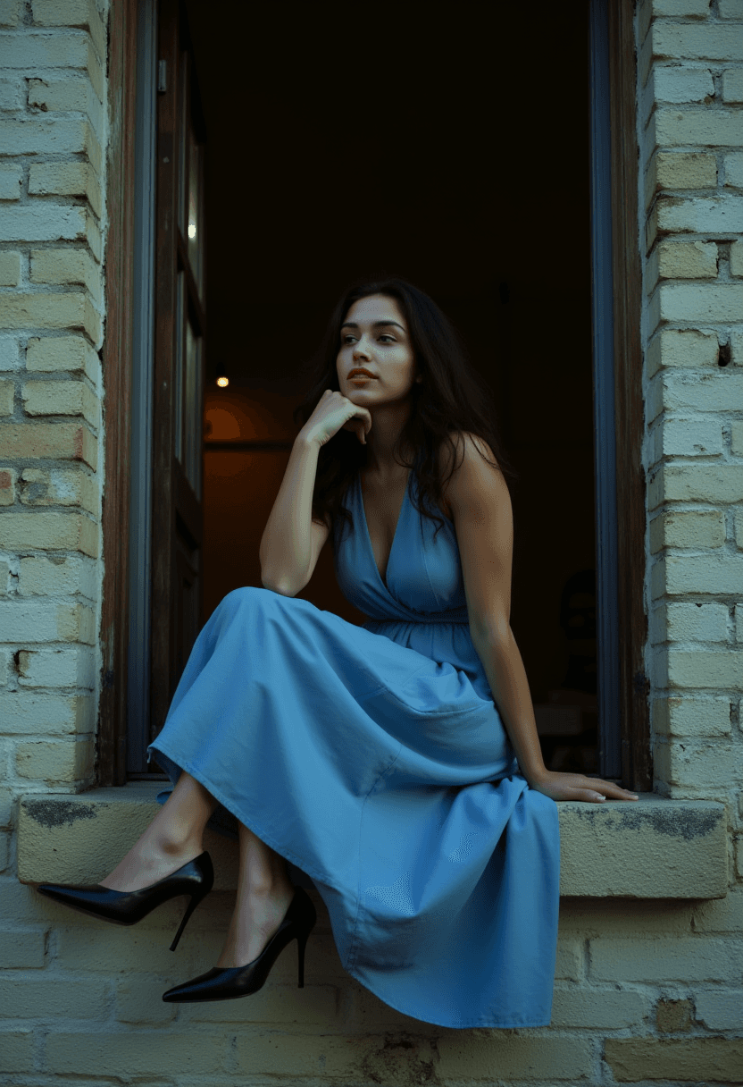 AI generated: A young woman with olive skin and long, dark, loose curls sits on a weathered brick window sill, wea...
