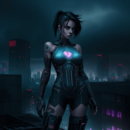 AI generated: Digital artwork, concept art, a cyberpunk girl with Prompt Hero text on her chest, standing on rooft...