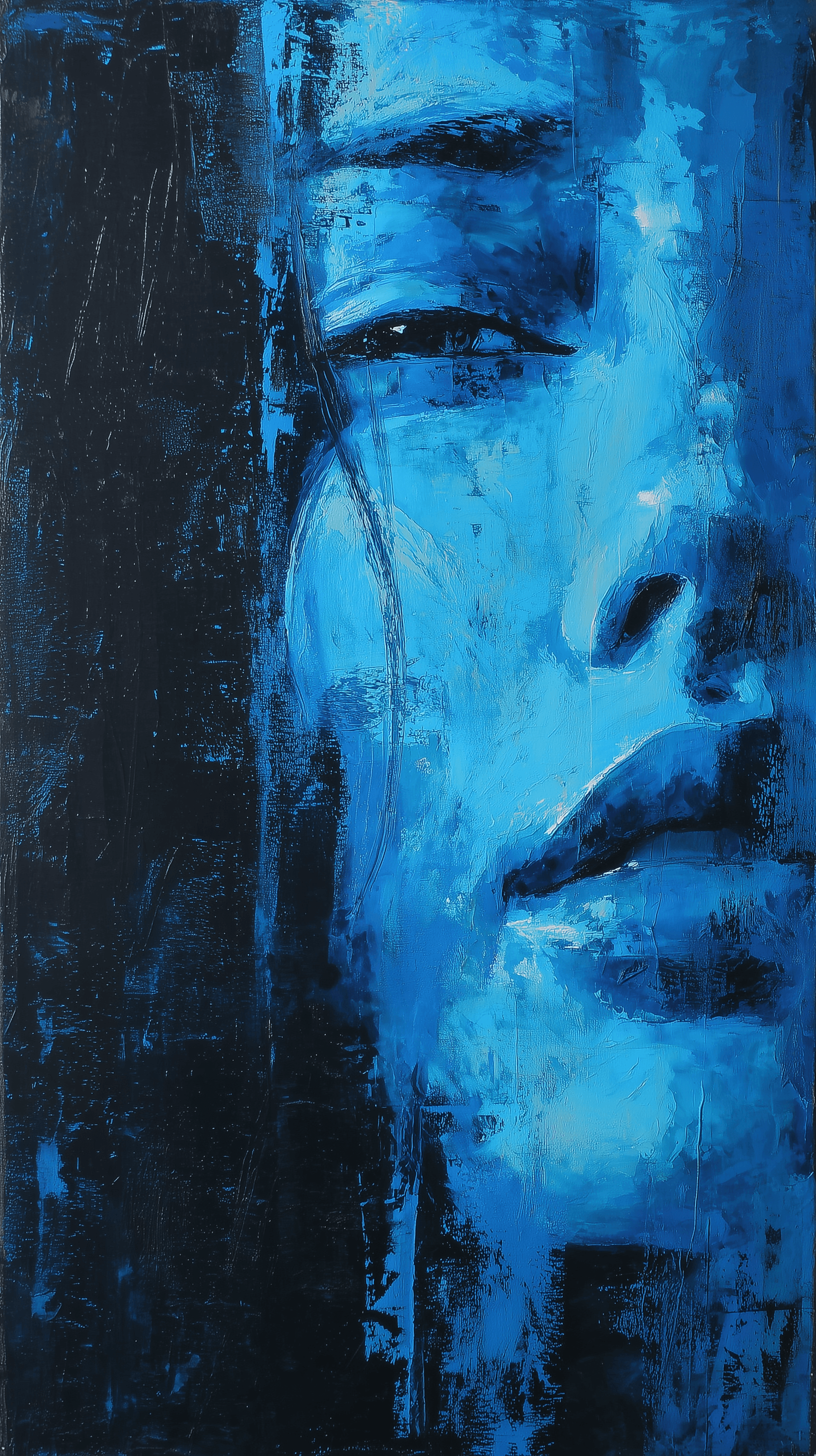 AI generated: portrait, bold and rough, sweeping brush strokes in shades of deep blue against a black canvas textu...
