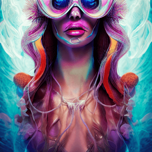 AI generated: Goddess close-up portrait ribcagel. jellyfish phoenix head, nautilus, orchid, skull, betta fish, bio...