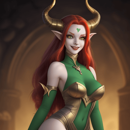 AI generated: Tiefling woman barde short dress long red hair two golden horns and two side buns ash skin green bri...