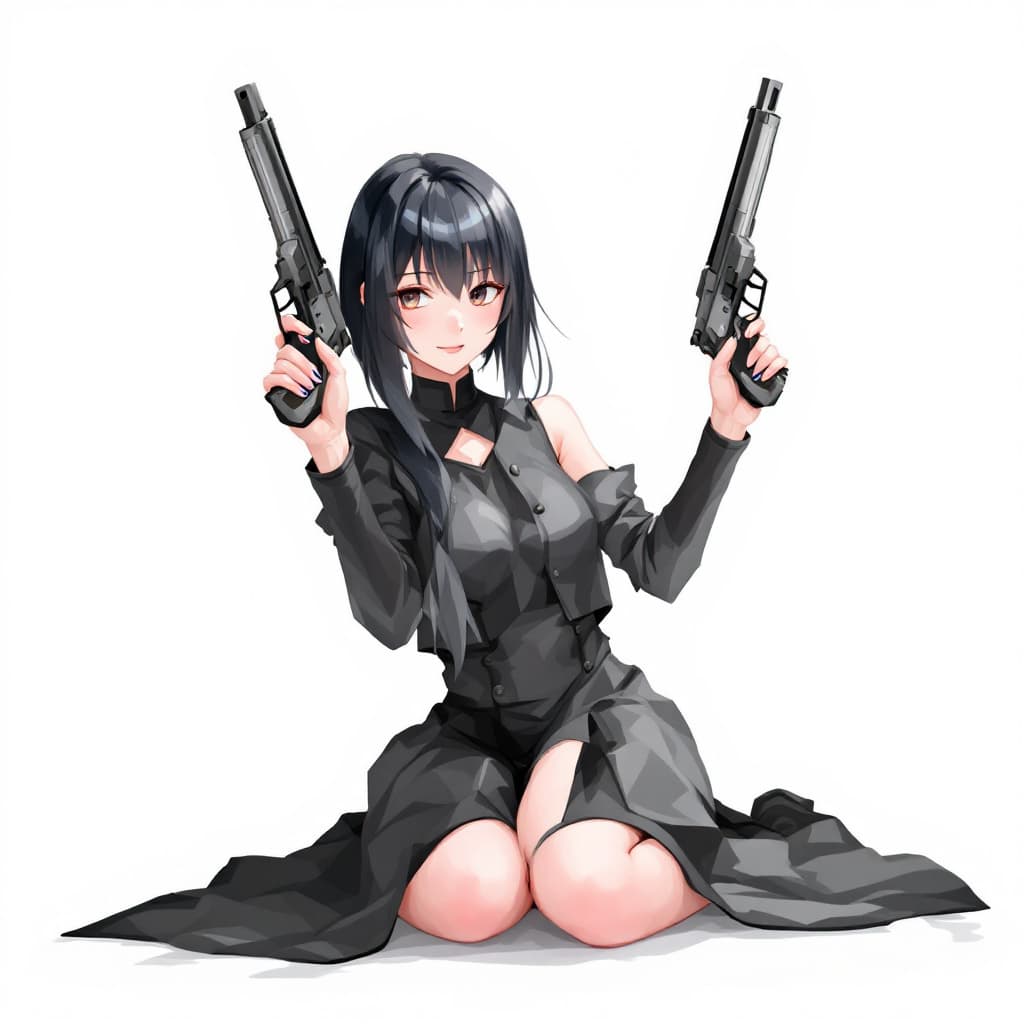 AI generated: 1 girl with a black dress and black hair, holding two guns and sitting on the ground. 4k