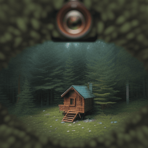 AI generated: Highly detailed tilt-shift lens photograph above a forest with a small cabin in the middle, cinemati...