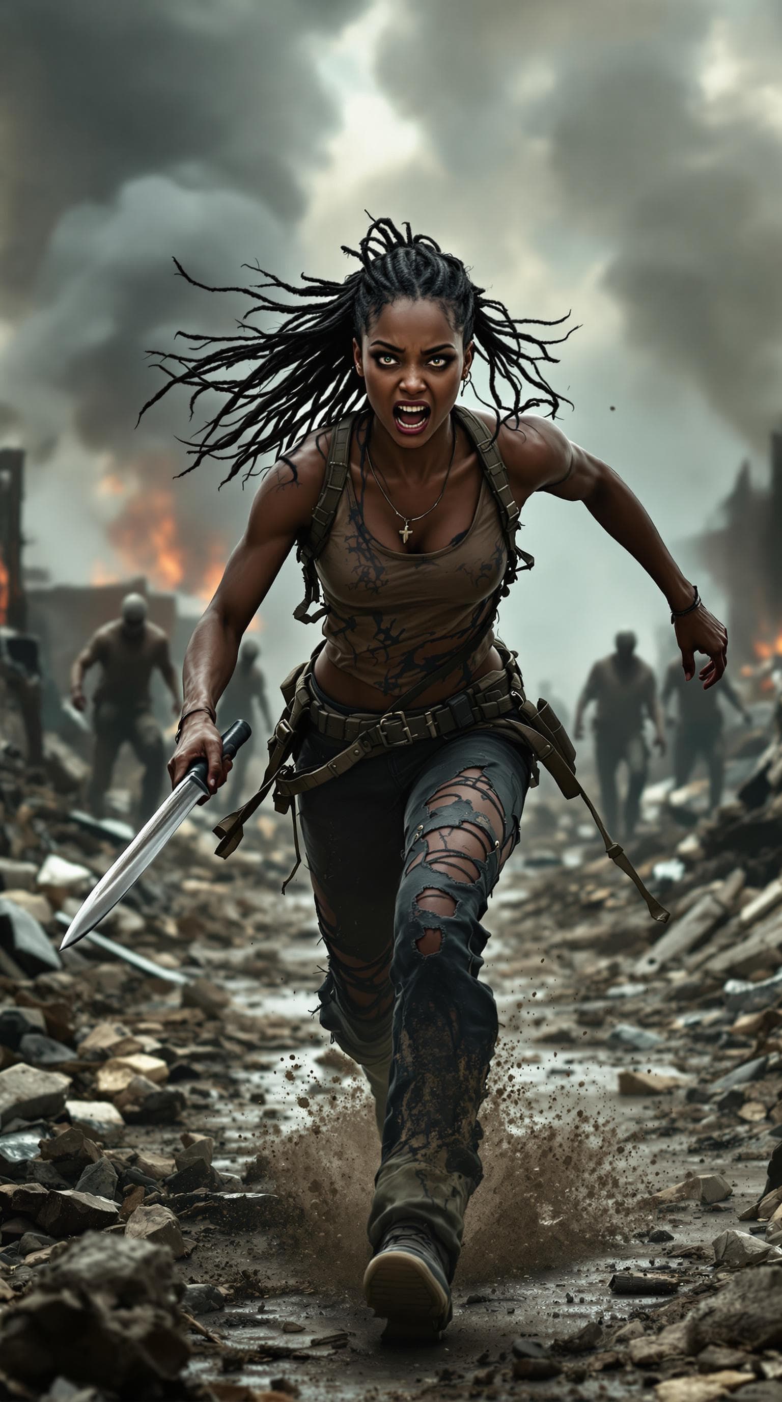 AI generated: On the junkyard, smoke in the background, and zombies. A very young black woman running with destroy...