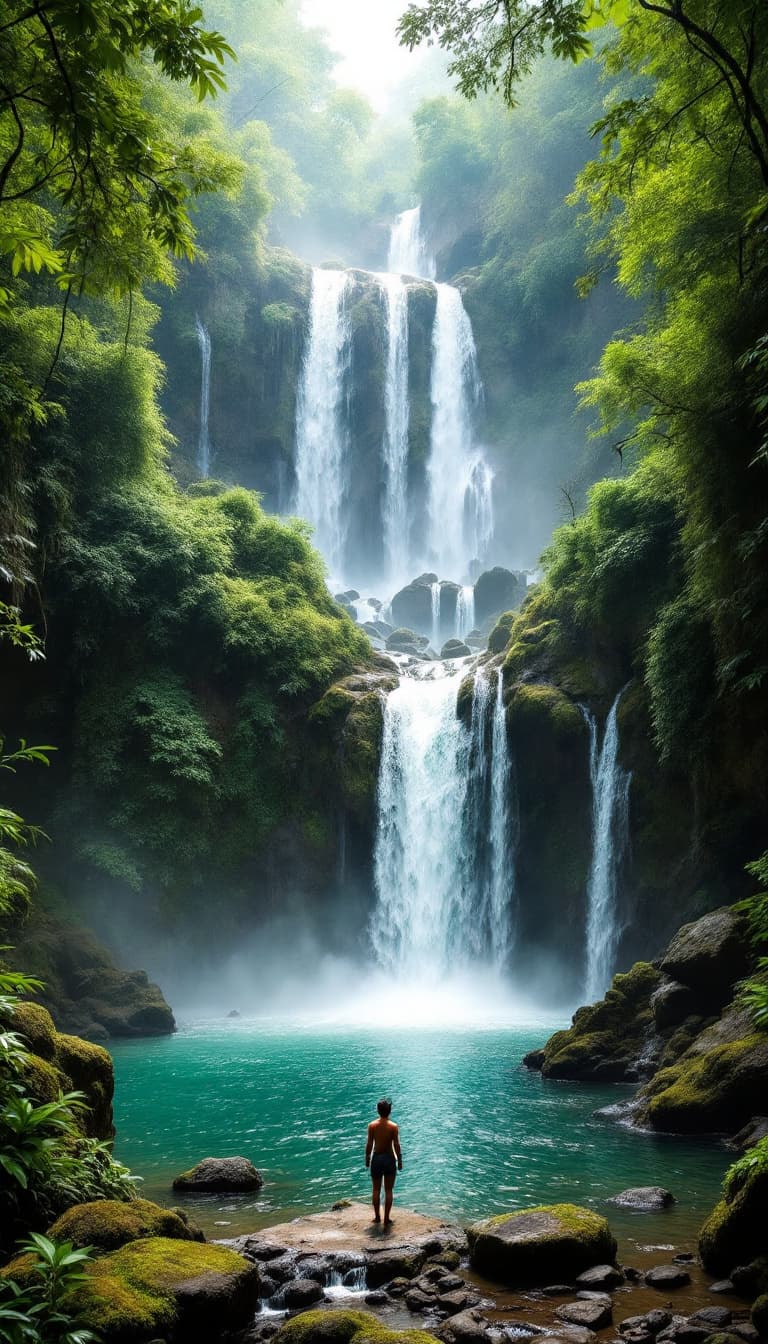 AI generated: Majestic tropical waterfall in deep jungle ravine, multiple cascading falls, emerald pool below, sun...