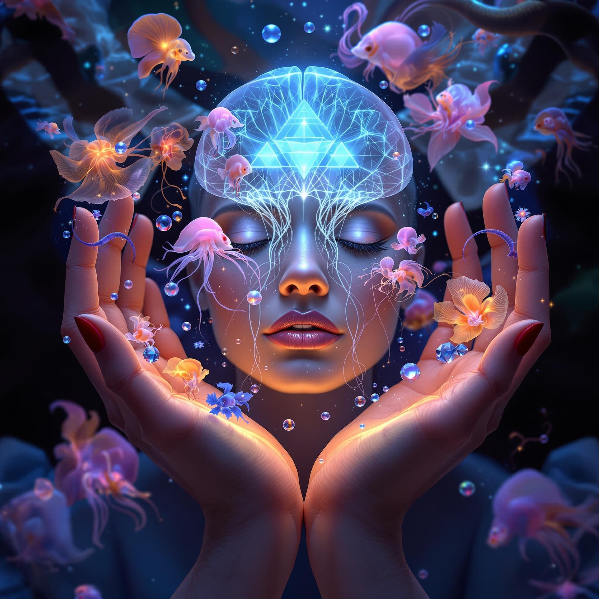 AI generated:  Trippy. surreal, psychedelic, A woman's hands holding an imaginary soul, jellyfish, nautilus, orchi...