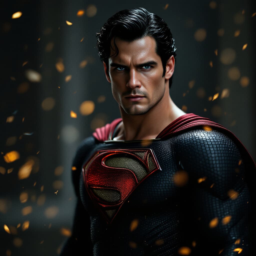 AI generated: Henry Cavil as superman ,in a black, dark red and gold suit whole body, cinematic, intense, cinemati...