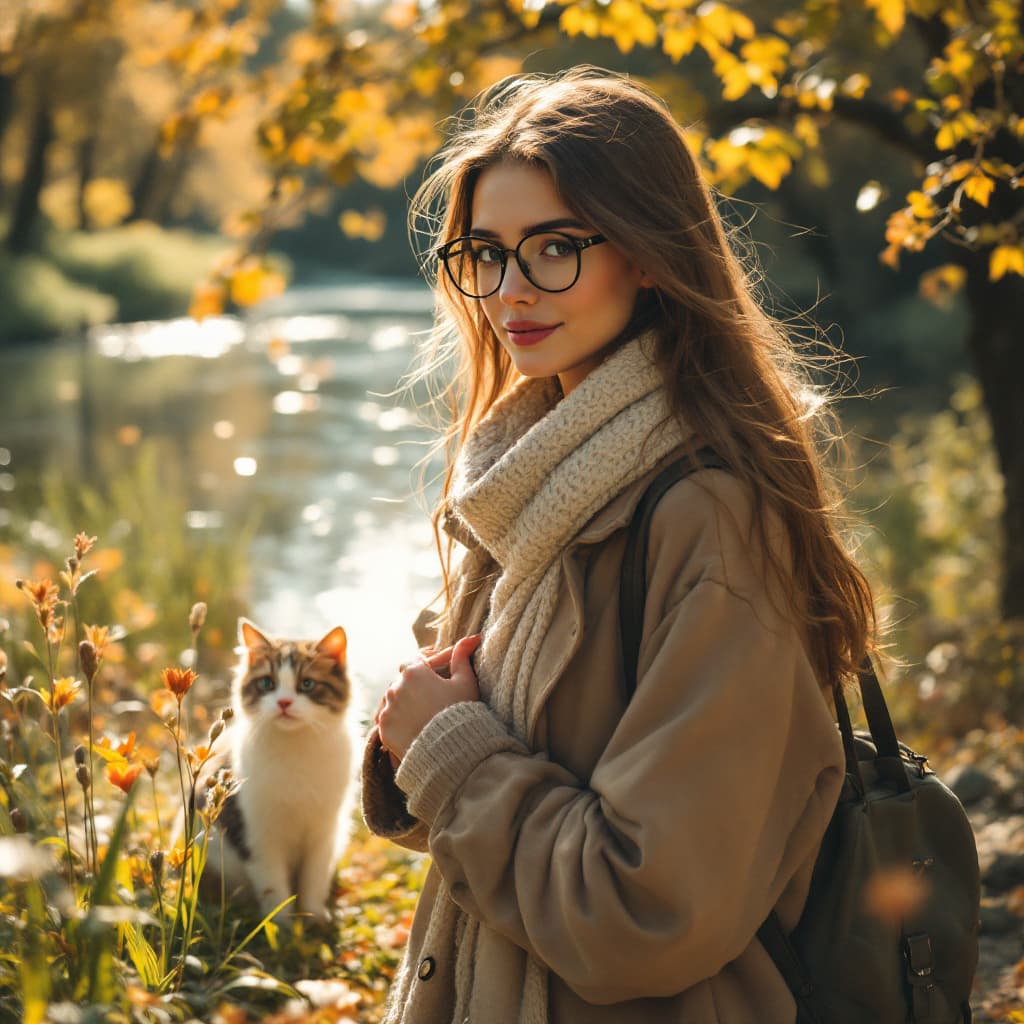 AI generated: On a sunny morning, a long-haired beautiful lady wearing glasses is walking by the river with her ca...