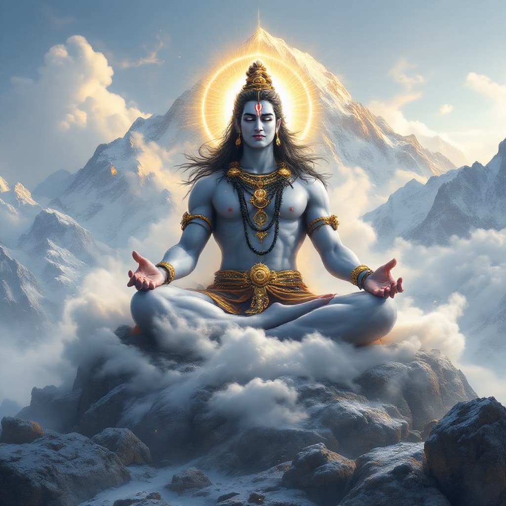 AI generated: "Generate an image of god shiva, the Hindu deity, depicted seated in meditation atop Mountain. Show ...