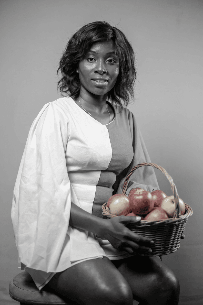 AI generated: model is carrying a busket of apples