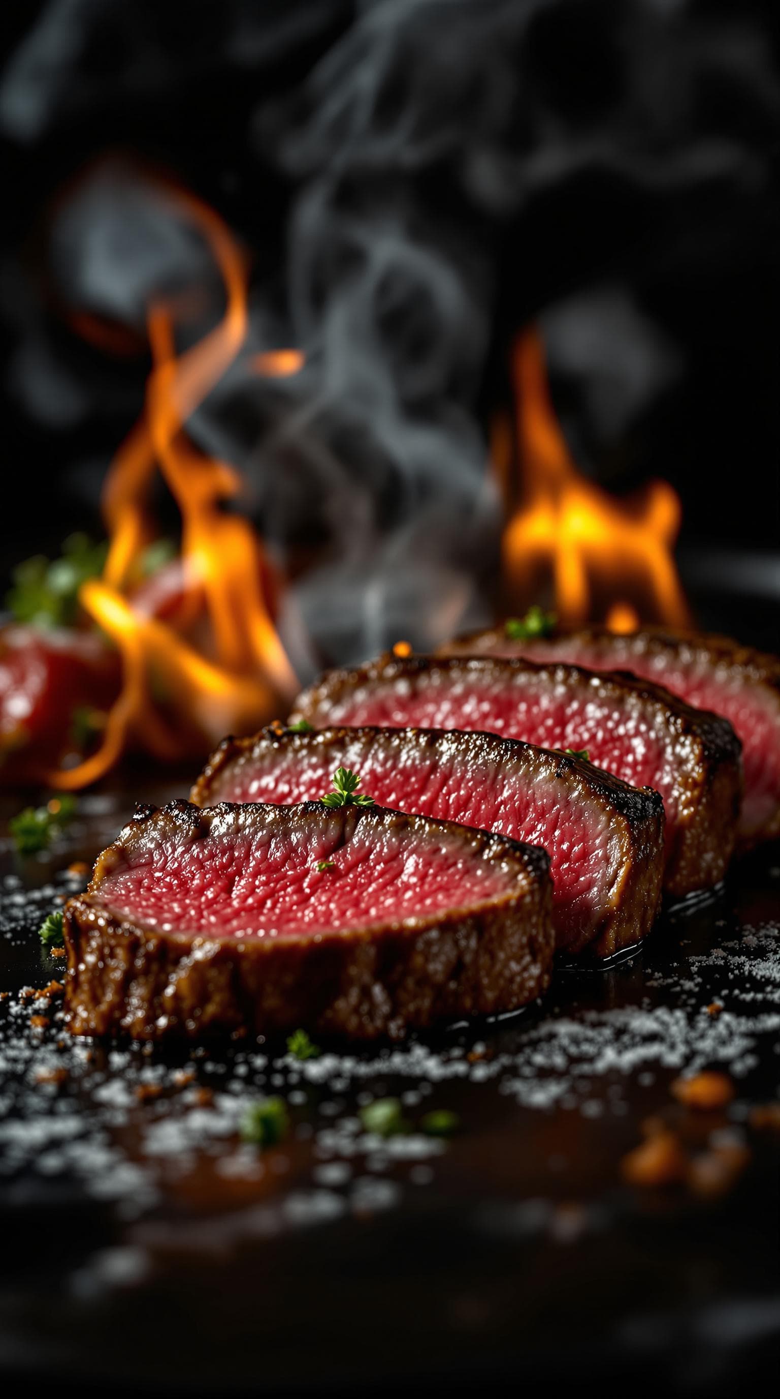 AI generated: Capture a close-up shot of a mouth-watering sliced beef medium rare barbeque , exuding tempting allu...