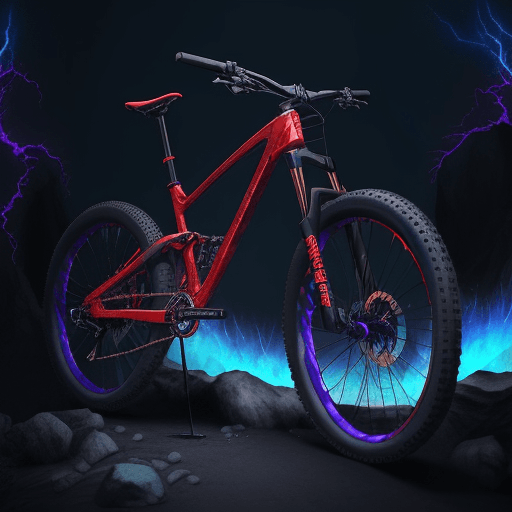 AI generated:  A furious anime style red-blazing mountain bike, dominating the surroundings with it's ethereal vel...