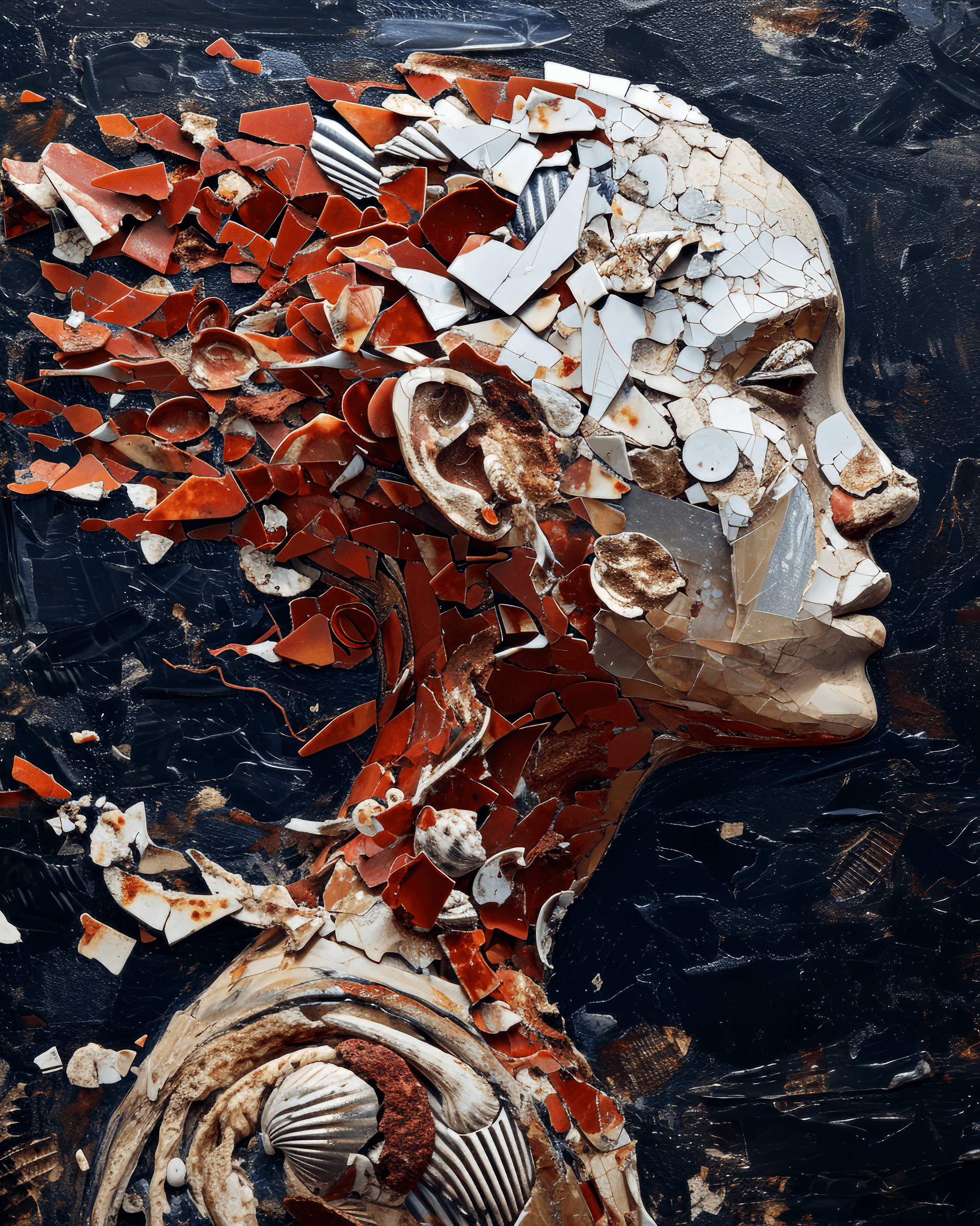 AI generated: the anatomy of a woman's head made of metalic rusted red domino pieces and smashed sea shells, octop...