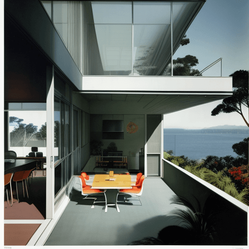 AI generated: Hyper realistic eye level exterior photo of a mid century modern style house overlooking the ocean, ...