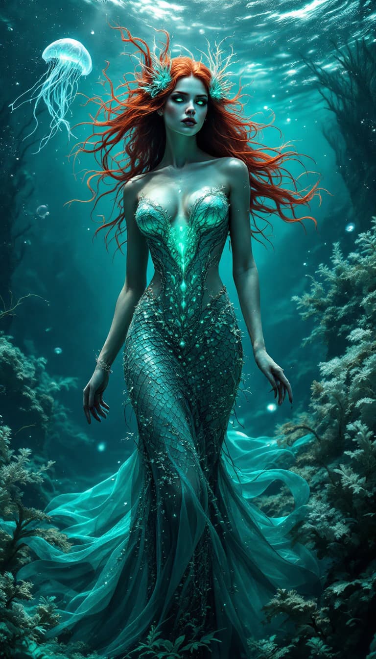 AI generated: An ultra-realistic, full-body portrayal of a mesmerizing sea siren woman, radiating an allure of eth...