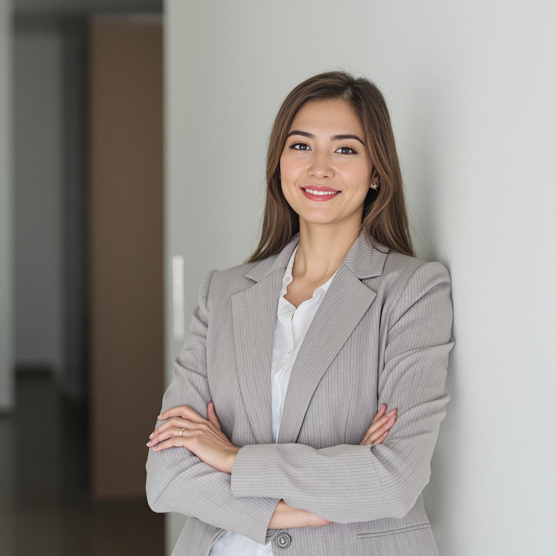 AI generated: a professional photograph of asian woman in business professional attire, white wall