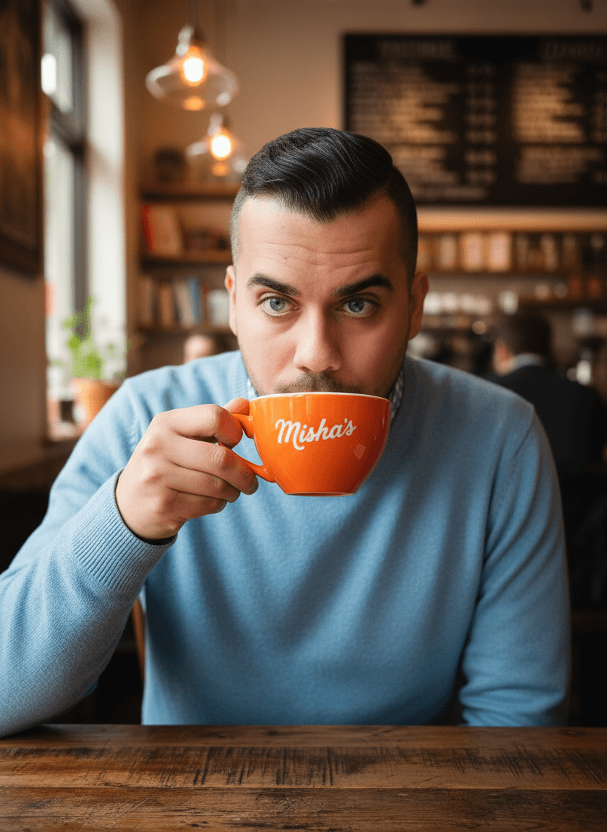 AI generated: The guy has blue eyes. He is at a coffee shop. He is grabbing his orange coffee cup. The cup says on...