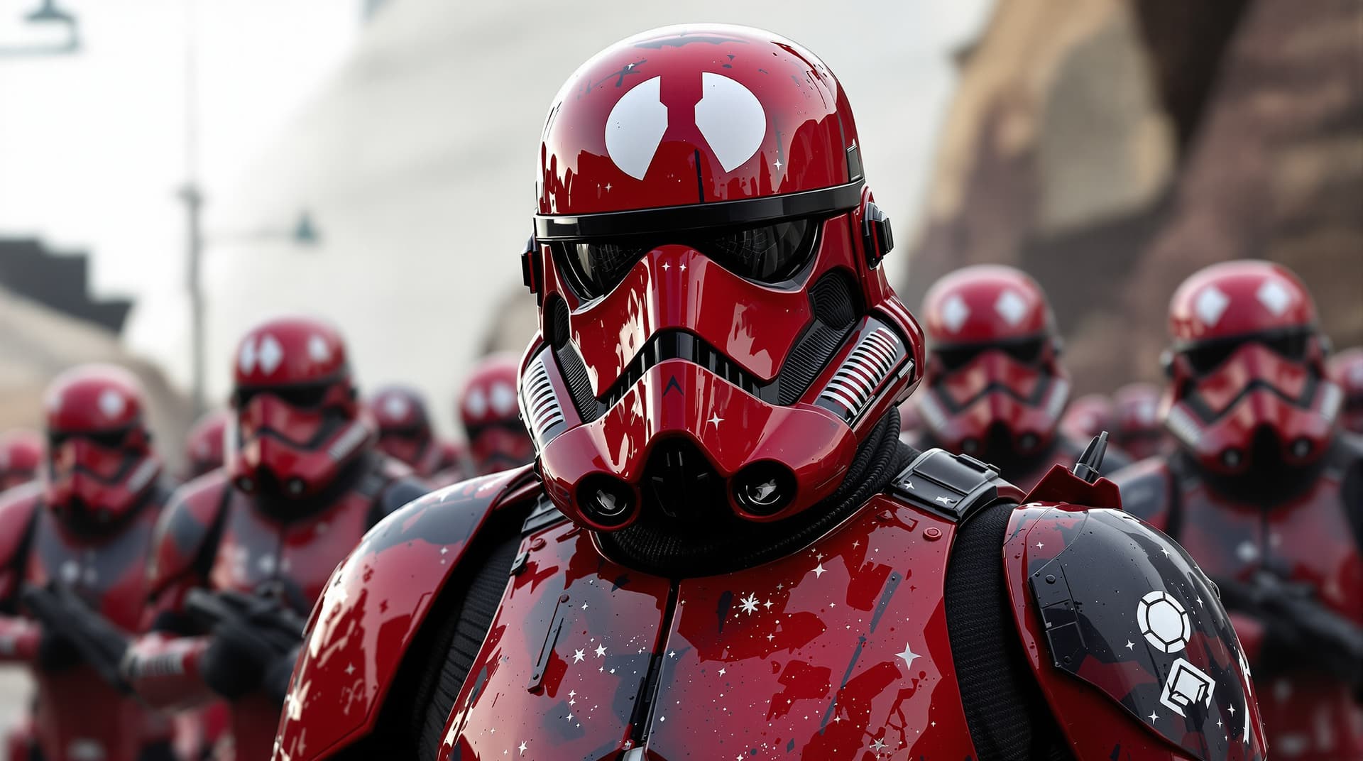 AI generated: a squid game mix of starwars gardians and storm trooper,hyper realism scenerie,the trooper red and b...