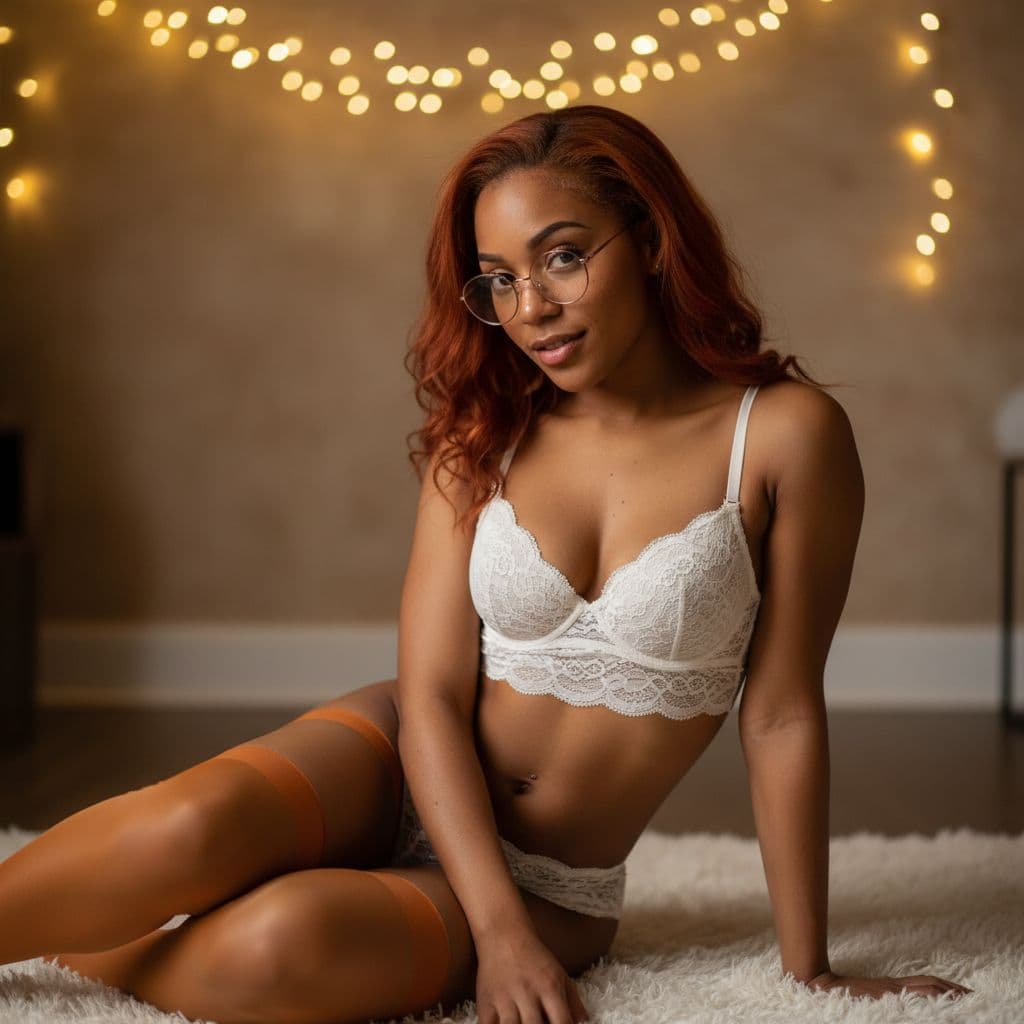 AI generated: "The image shows Hana sitting on a white furry rug with string lights hanging above her head. She is...