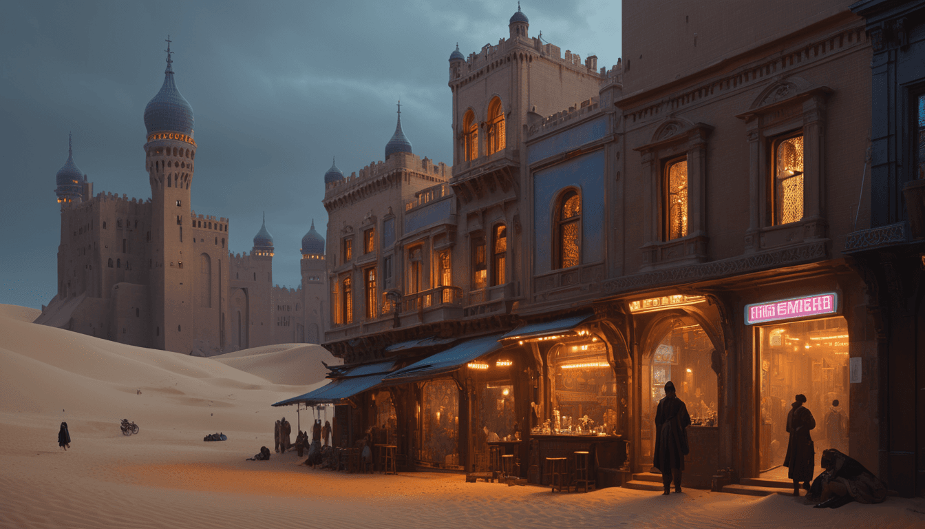AI generated: art by Johannes Vermeer, victorian architecture with cyberpunk elements, walled city surrounded by a...