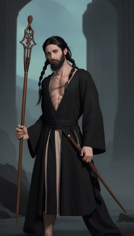 AI generated: A 24 year old human wizard. He is of average height and has green eyes and black hair. He has a wiry...