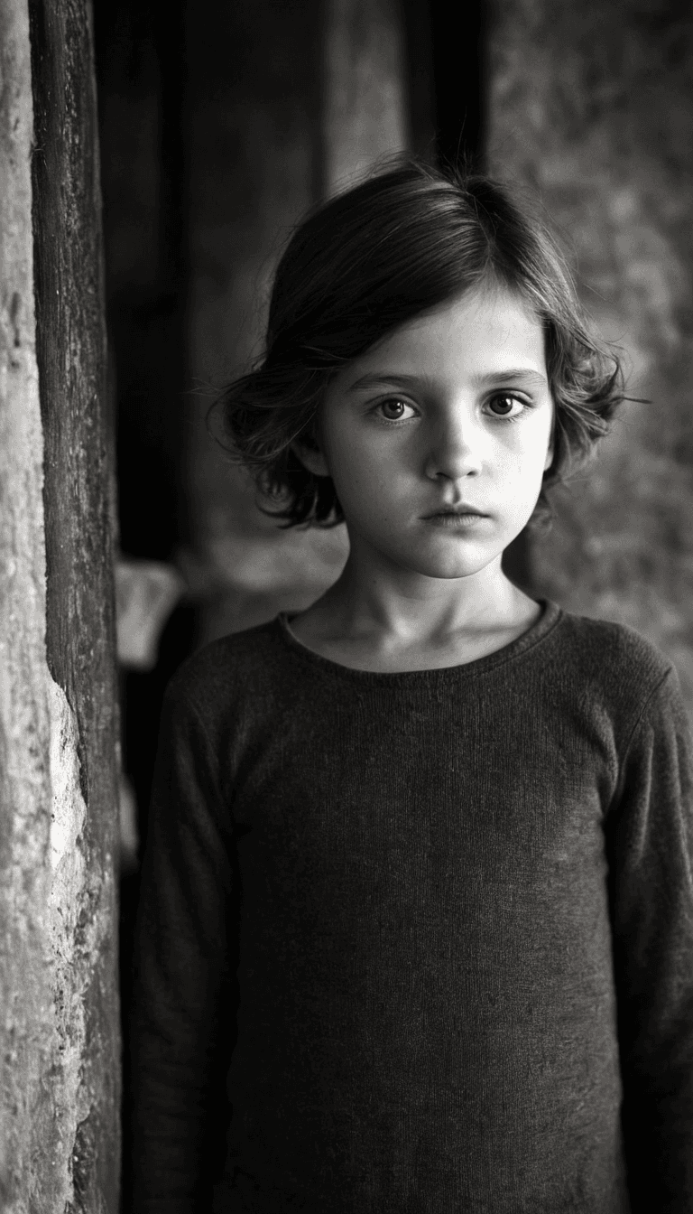 AI generated: black and white photography in style by Bruce Davidson, young girl sadly looks on camera, highres, r...