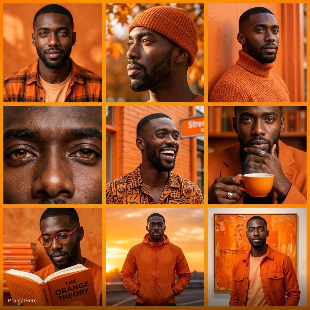 AI generated: A collage of 9 editorial-style photos with an orange color theme. The background, all objects, items...