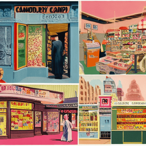 AI generated: Naturalistic collage of a candy shop in mid-century London, England.