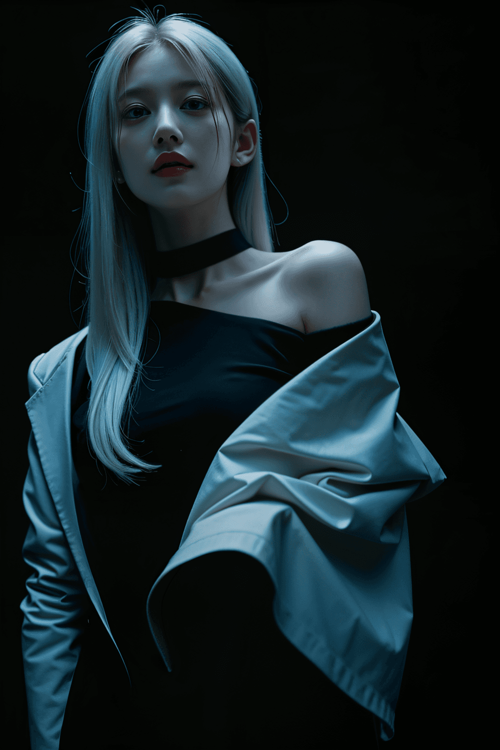 AI generated: 1girl, face, straight hair, choker, off shoulder, white hair, (black background:1.3)
