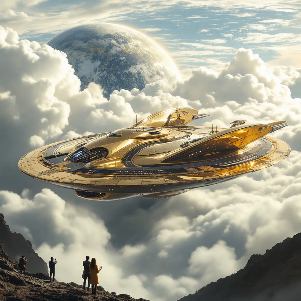 AI generated: hyper realistic, futuristic space ship made of gold and vibranium. the ship reflects more of the gol...