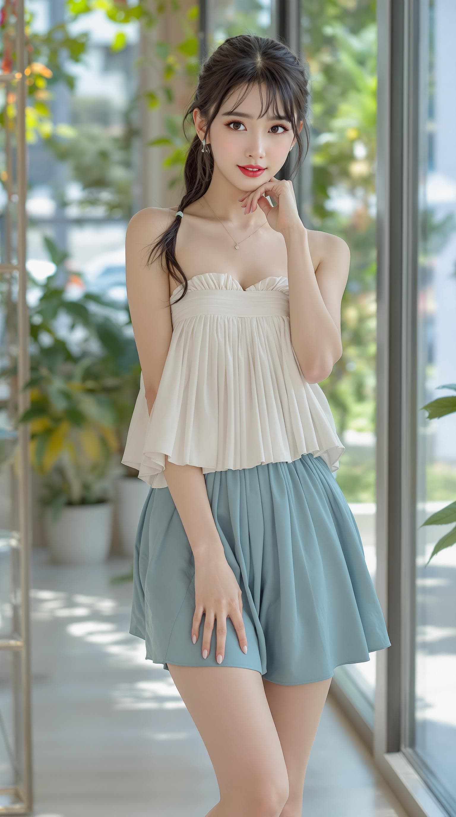 AI generated: photorealism, Vietnamese women, young girl, full body, standing split, black hair, ponytail, wearing...