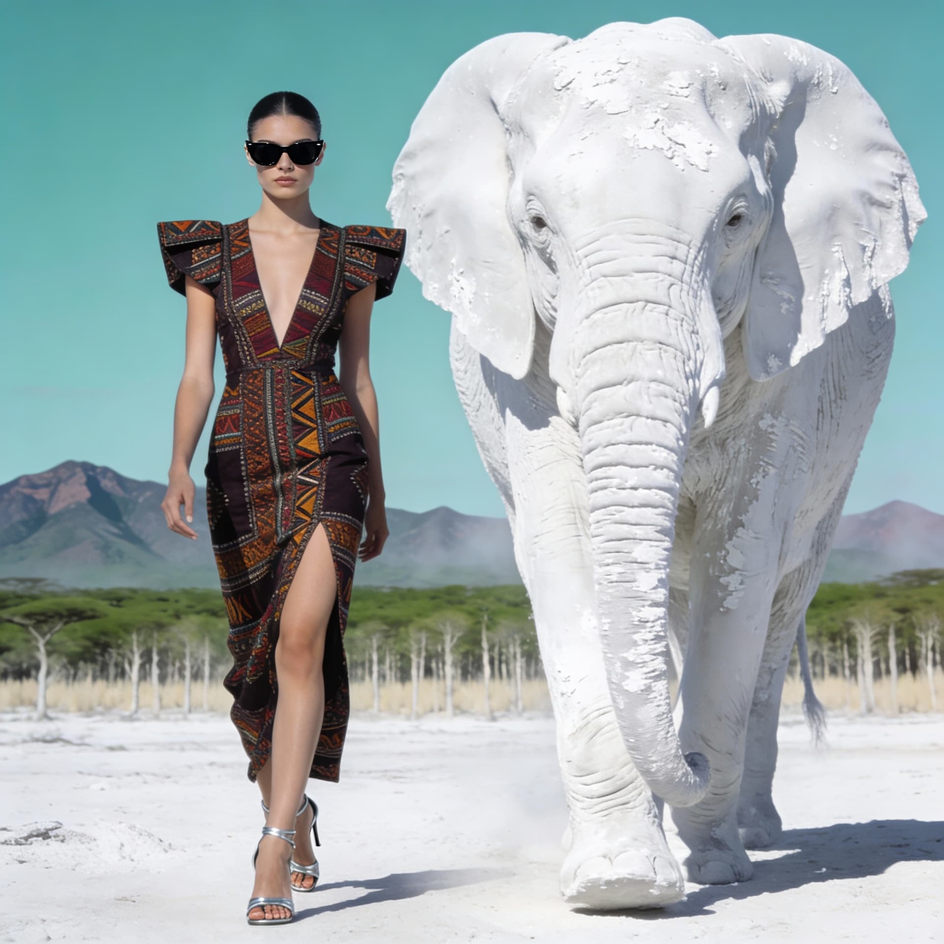 AI generated: {
  "scene": {
    "type": "editorial fashion surrealism",
    "location": "africa green land with d...