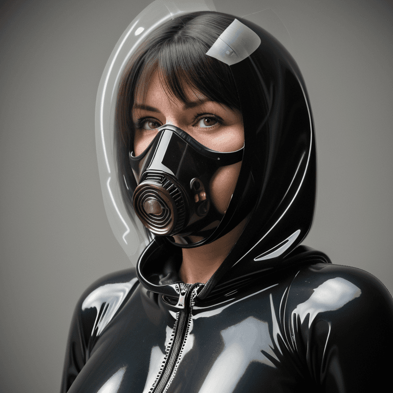 AI generated: hyper realistic headshot photo of a 40 year old woman, wearing a latex gas mask, a latex suit with l...