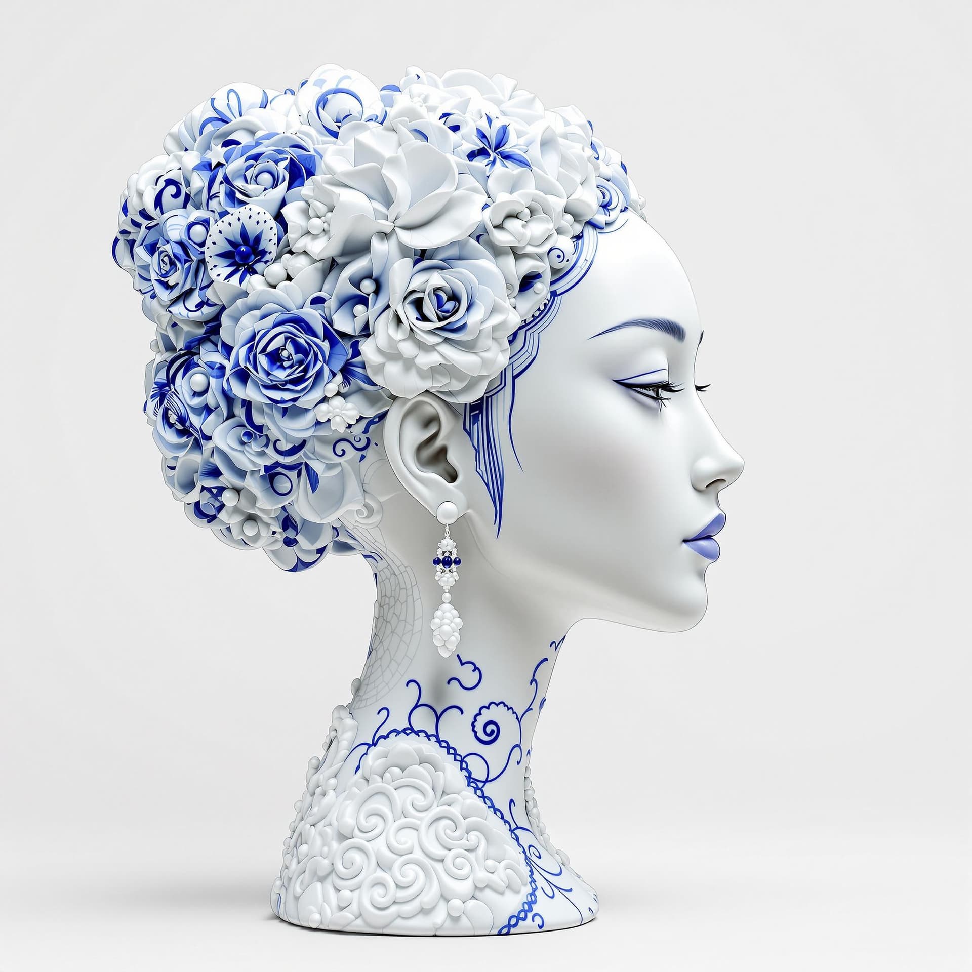AI generated:  a side view of an Asian woman made out of porcelain, in the style of balanced symmetry, white and b...