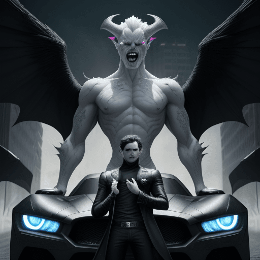 AI generated: An amazing male creature, standing in front of a car, incredibly cute appearance with a hellishly ev...