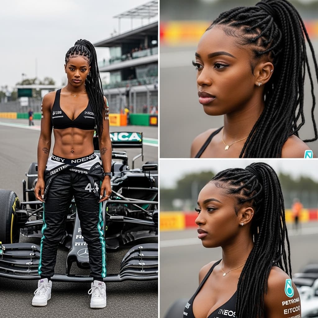 AI generated: CREAR 4 Fotos de una PILOTO DE LA F1 FEMENINO DEL EQUIPO MERCEDES, 22 años, INGLESA, LLAMADA GRCE CL...