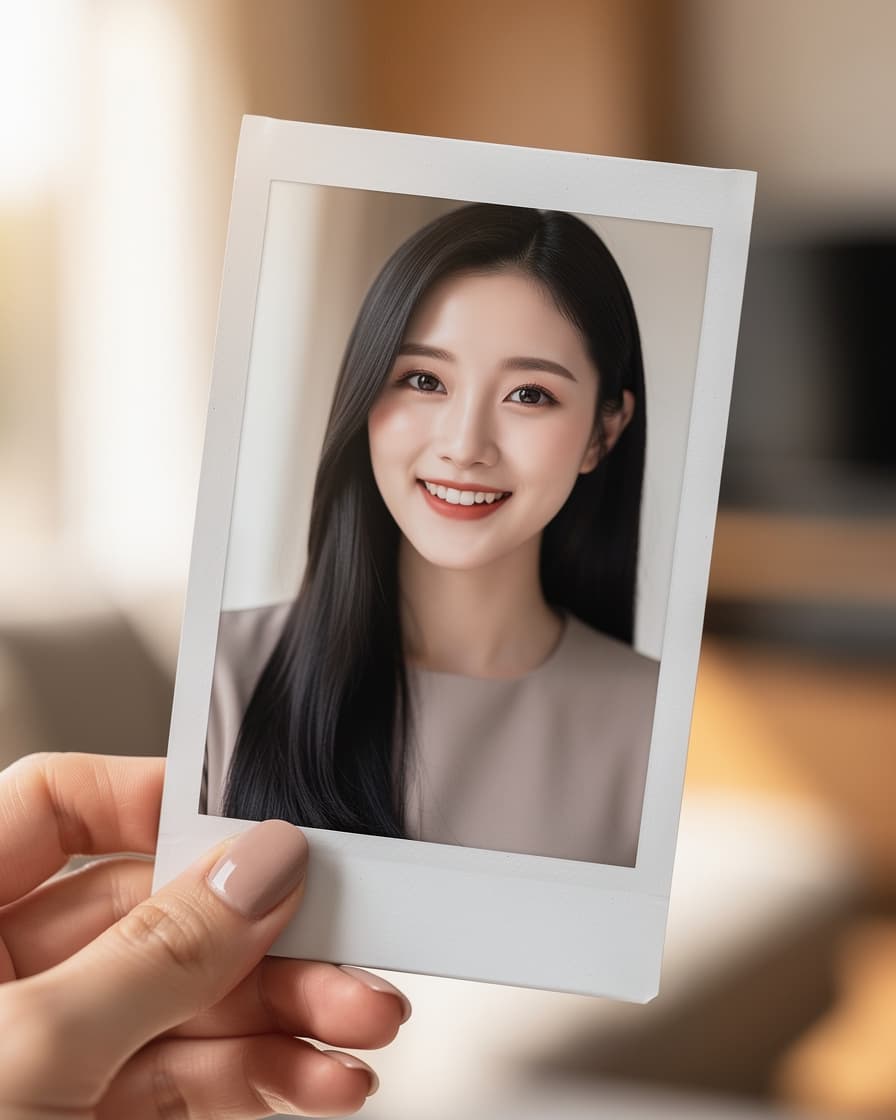 AI generated: A photo of a polaroid picture in the hand of a woman that shows a beautiful, smiling Korean woman wi...