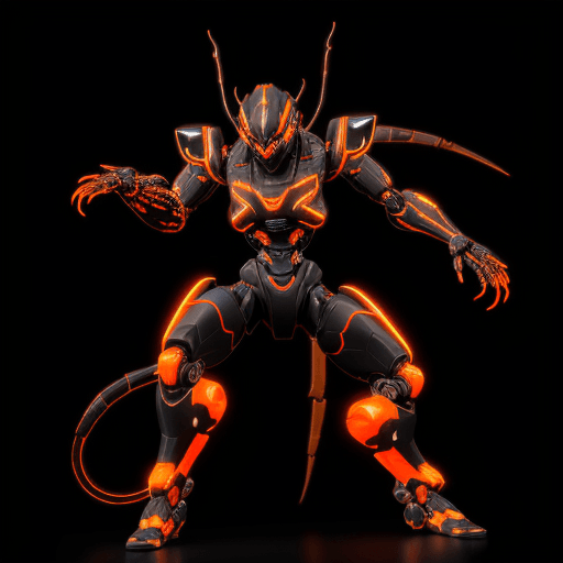 AI generated: 3d rendering, futuristic ninja robot, front view, upper-body, (full body)), neon glow with deep oran...