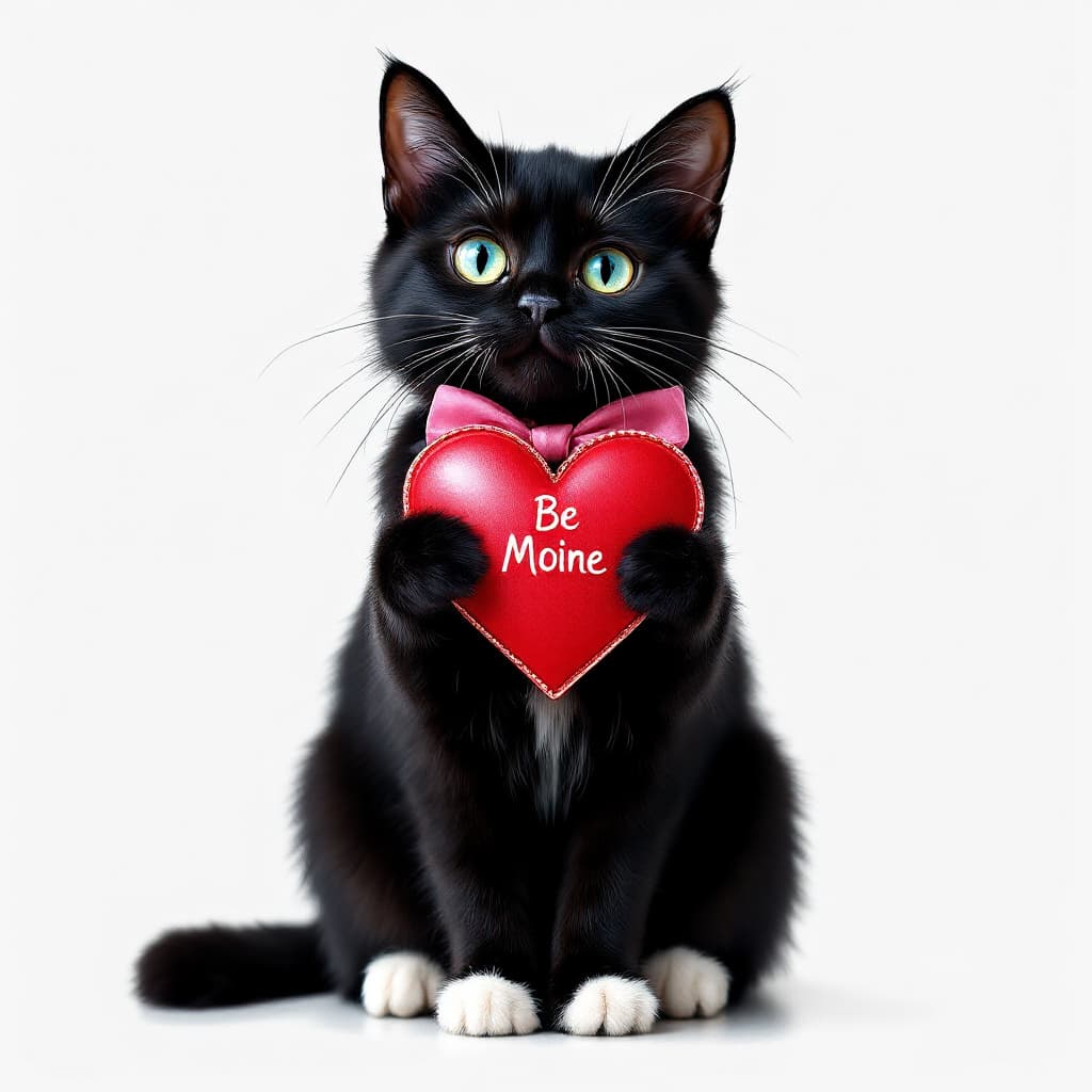 AI generated: adorable blinged out glamours black Cat sitting posed wearing a pink bow by her ear with a bright me...