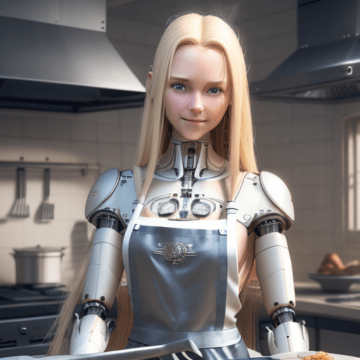 AI generated: Bare skin, apron, kitchen, cooking, cutting, long hair, hair, smooth hair, blonde hair, European, bl...