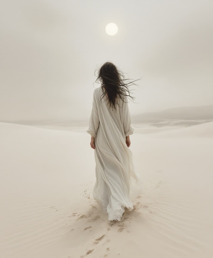 AI generated: Windswept silence fills a vast white desert, where a woman stands with her back to the viewer, in th...