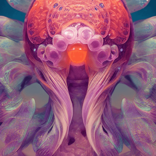 AI generated: Goddess close-up portrait ribcagel. jellyfish phoenix head, nautilus, orchid, skull, betta fish, bio...