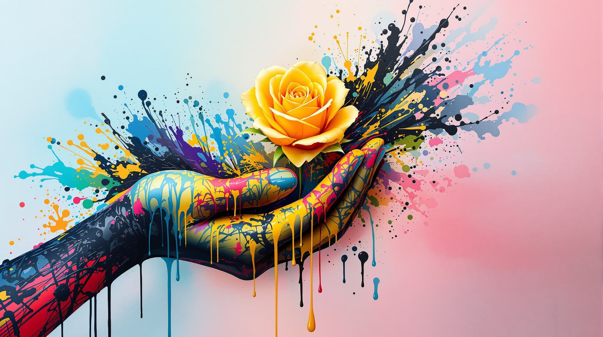 AI generated:  random pose,  two hands with asiatic tatoo skin, giving   a  yellow  rose ,the flower is made of dr...