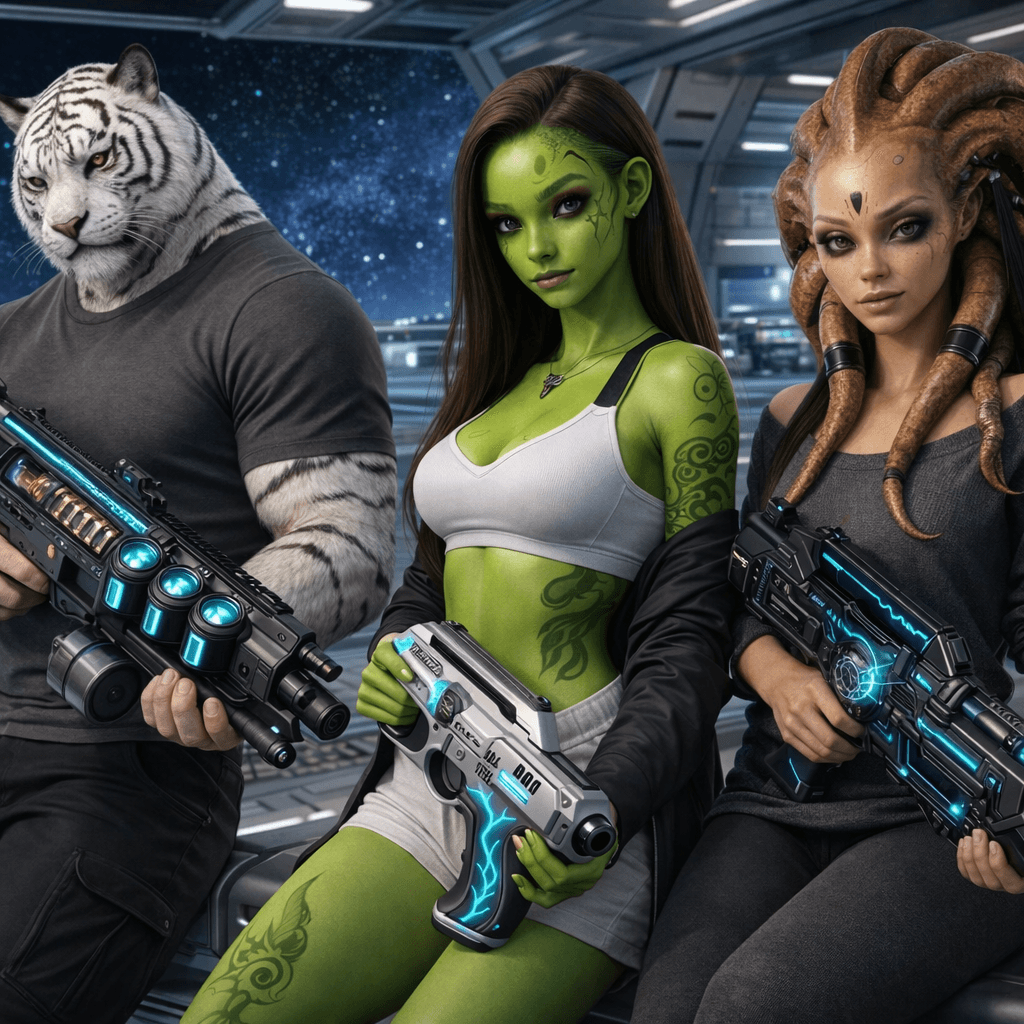 AI generated: Create an image where all the charactes are casually holding the reference weapons in a pose. Change...